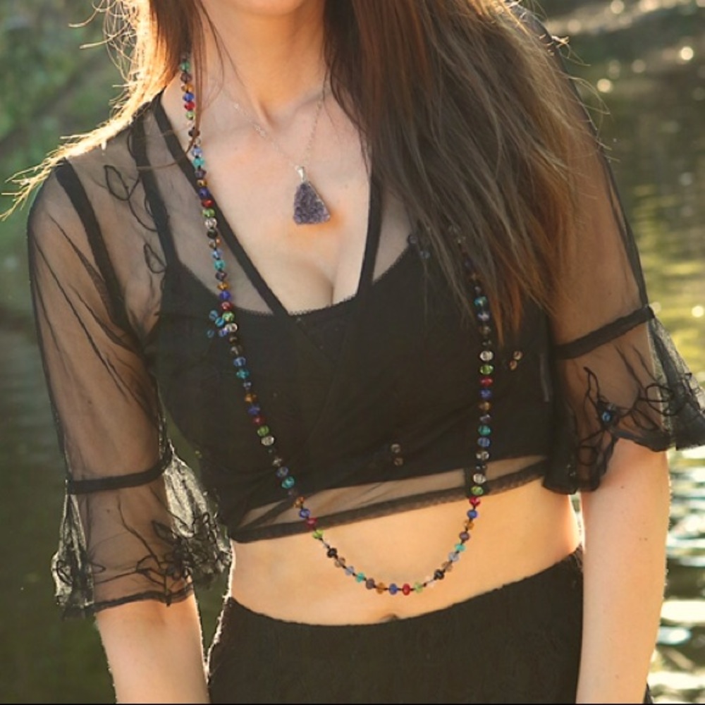 Lace-like wrap crop top/sequin detail